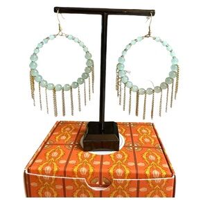 Plunder Amy Mint Bead Hoop Earrings with Gold Fringe